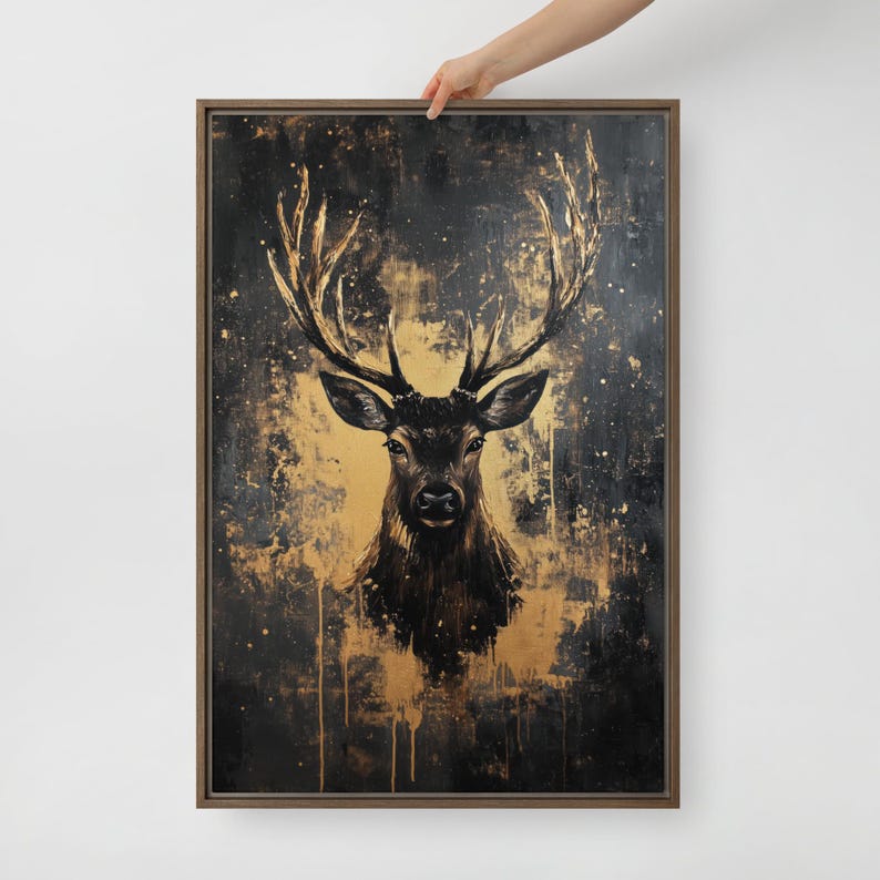 Deer Framed Canvas Wall Art – Black and Gold Animal Print, Luxury Wildlife Decor, Abstract Wall Art, Modern Gold Accent for Home