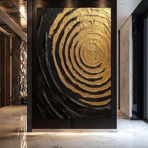 Spiral Black and Gold Abstract Art: Framed Canvas Print