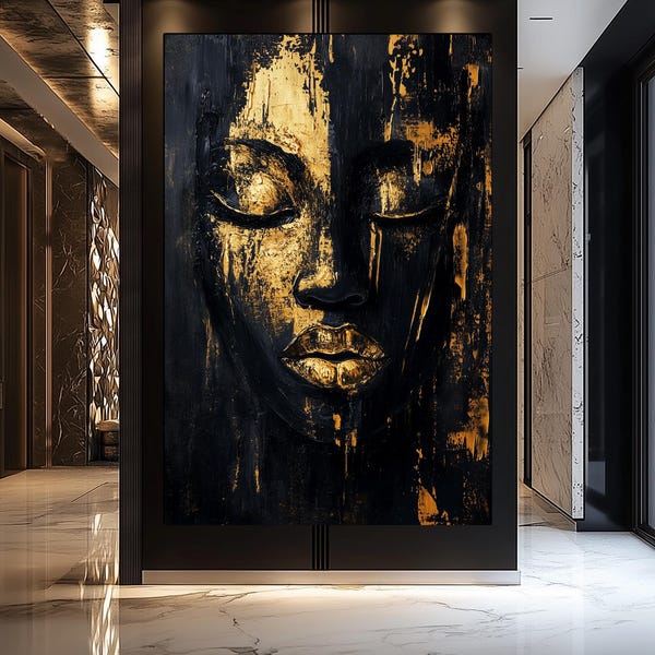Afrikaanse kunst aan de muur, vrouwelijk gezicht ingelijst canvas muurkunst, zwarte en gouden kunst, zwarte en gouden muurkunst, decoratie luxe huis, abstracte muurkunst