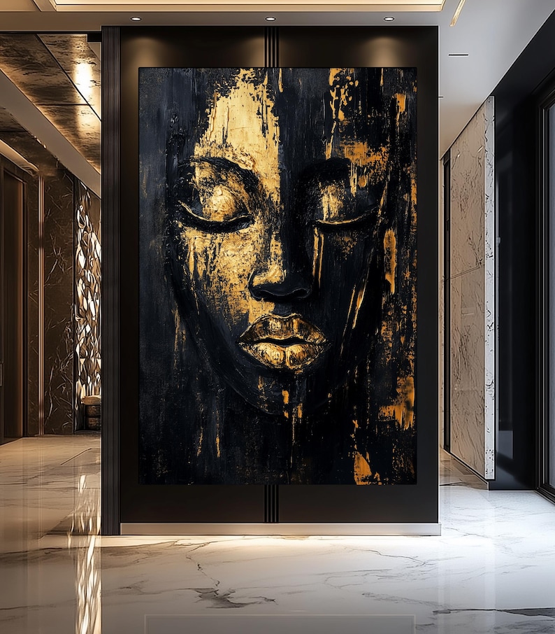 Female Face Framed Canvas Wall Art, Black and Gold Art, Black and Gold Wall Art, Luxury Home Decor, Abstract Wall Art, Gold Wall Prints