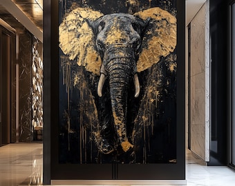Elephant Wall Art Framed Canvas – Black and Gold Elephant Print, Elegant Safari Decor, African Wildlife Poster, Modern Statement Wall Art
