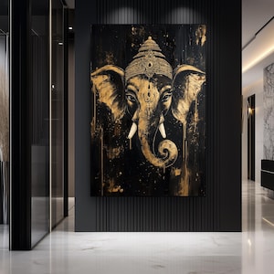 Lord Ganesha Digital Print – Black and Gold Hindu Wall Art, Ganesh Painting, Abstract Ganesha Print, Spiritual Home Decor
