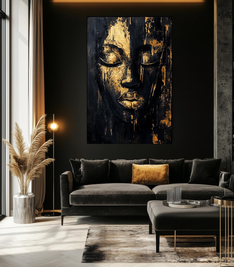 Female Face Framed Canvas Wall Art, Black and Gold Art, Black and Gold Wall Art, Luxury Home Decor, Abstract Wall Art, Gold Wall Prints