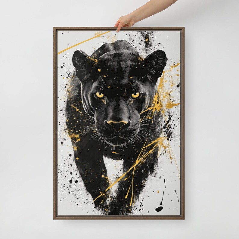 Black Panther Framed Canvas – Abstract Wall Art, Black and Gold Panther Painting, Large Digital Print, Modern Panther Wall Art