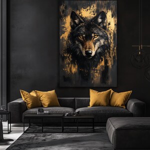 Wolf Framed Canvas Wall Art – Black and Gold Animal Print, Luxury Wildlife Decor, Abstract Wall Art, Modern Gold Accent for Home