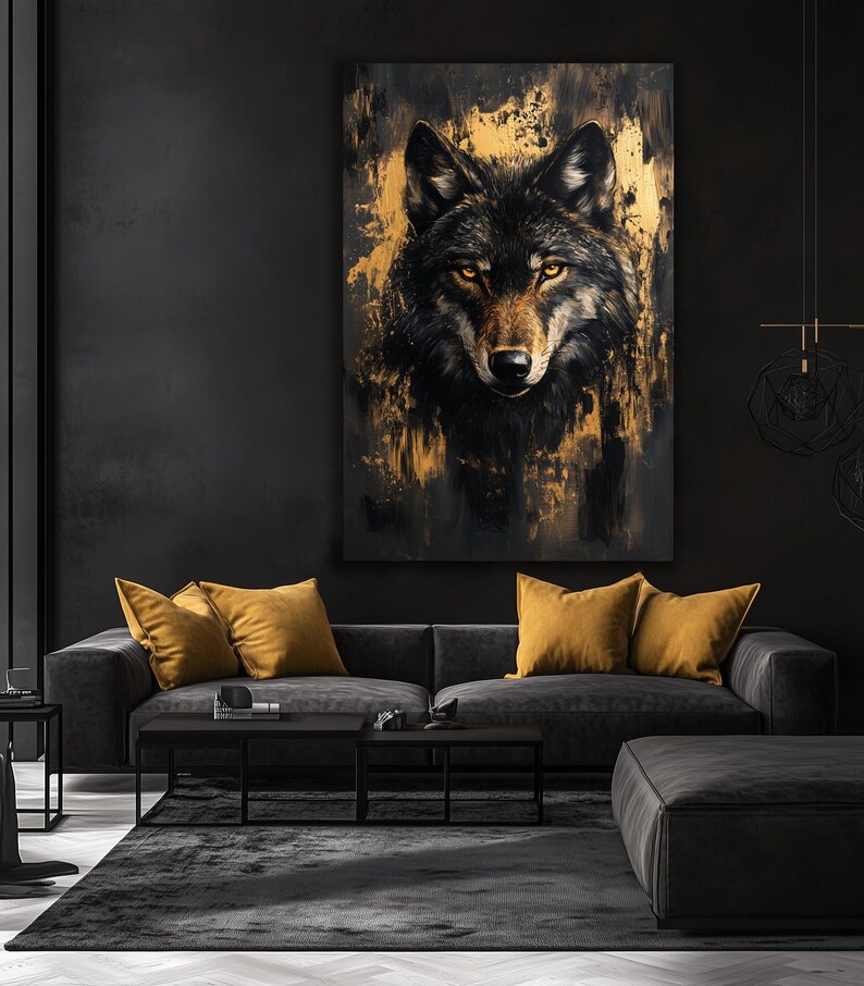 Wolf Framed Canvas Wall Art – Black and Gold Animal Print, Luxury Wildlife Decor, Abstract Wall Art, Modern Gold Accent for Home