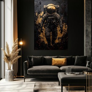 Astronaut Abstract Art Digital Print – Black and Gold Space Wall Art, Astronaut Painting, Modern Space Decor, Printable Astronaut Art