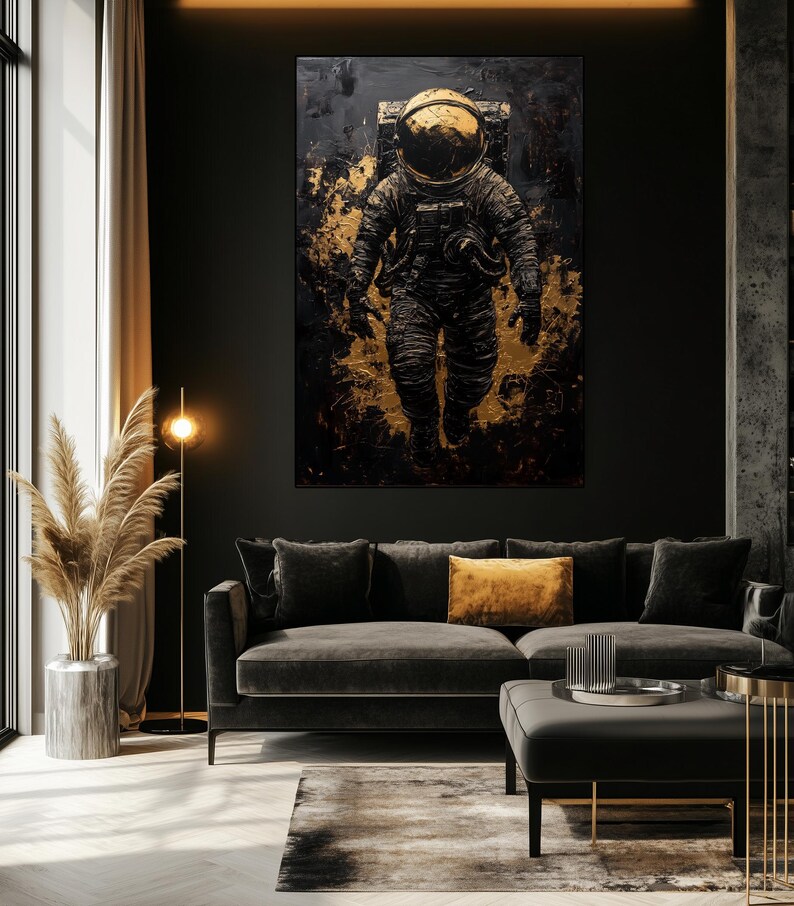 Astronaut Abstract Art Digital Print – Black and Gold Space Wall Art, Astronaut Painting, Modern Space Decor, Printable Astronaut Art