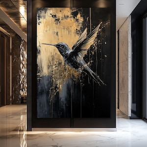 Kolibri Digitaldruck, Schwarz-Gold-Kunst, Schwarz-Gold-Wandkunst, luxuriöses Wohndekor, Abstrakte Wandkunst, Gold-Wanddrucke, Vogel-Poster