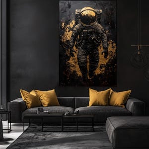 Astronaut Abstract Art Digital Print – Black and Gold Space Wall Art, Astronaut Painting, Modern Space Decor, Printable Astronaut Art