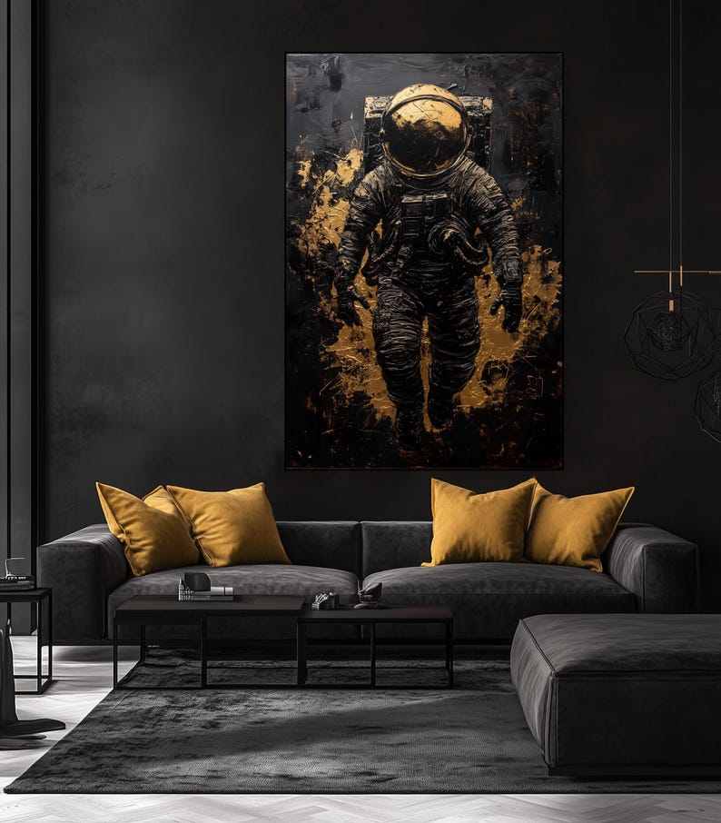 Astronaut Abstract Art Digital Print – Black and Gold Space Wall Art, Astronaut Painting, Modern Space Decor, Printable Astronaut Art