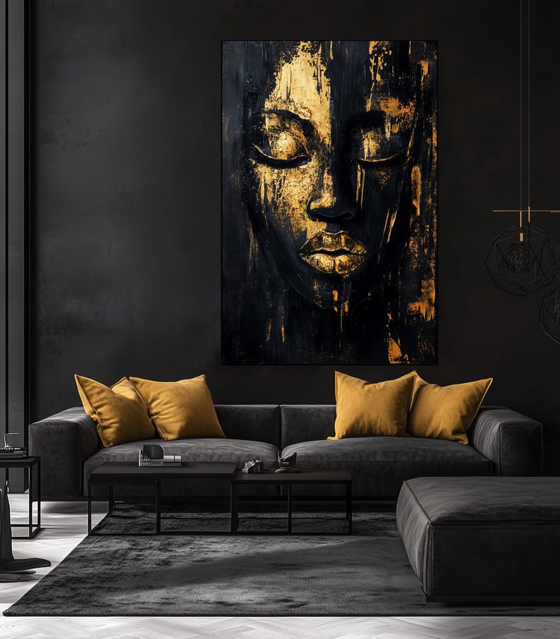 Female Face Framed Canvas Wall Art, Black and Gold Art, Black and Gold Wall Art, Luxury Home Decor, Abstract Wall Art, Gold Wall Prints
