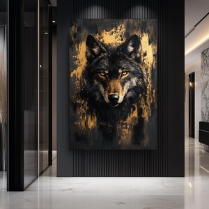 Wolf Framed Canvas Wall Art – Black and Gold Animal Print, Luxury Wildlife Decor, Abstract Wall Art, Modern Gold Accent for Home