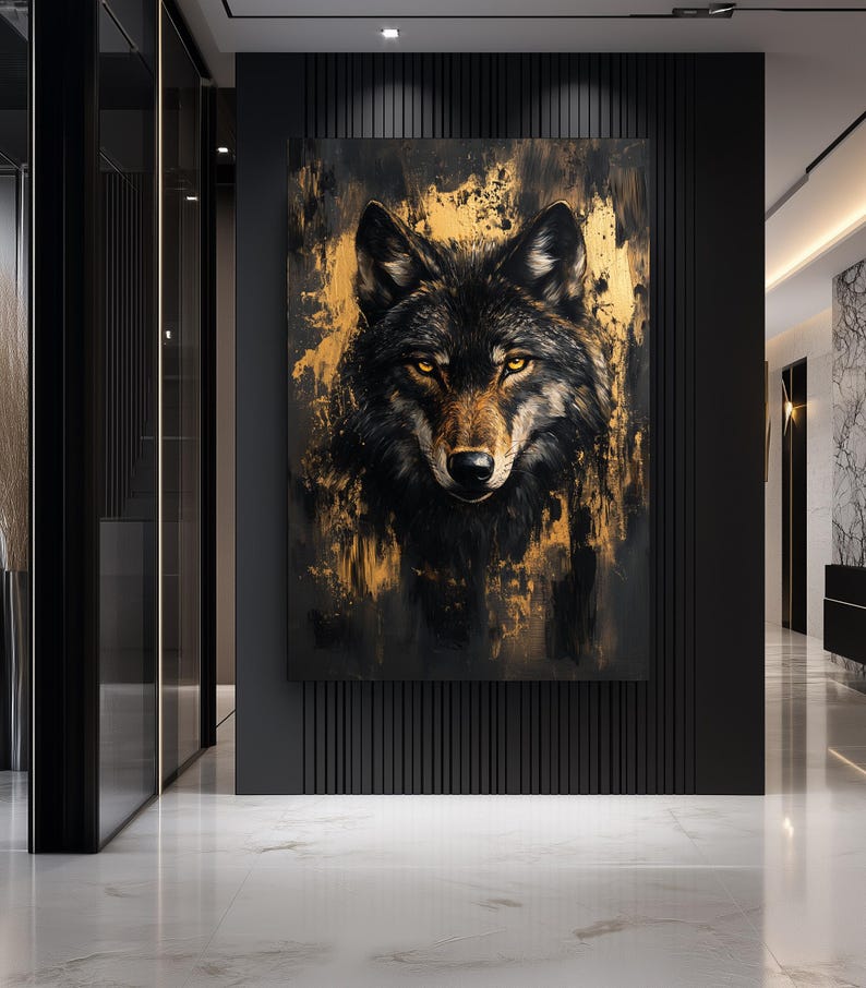 Wolf Framed Canvas Wall Art – Black and Gold Animal Print, Luxury Wildlife Decor, Abstract Wall Art, Modern Gold Accent for Home