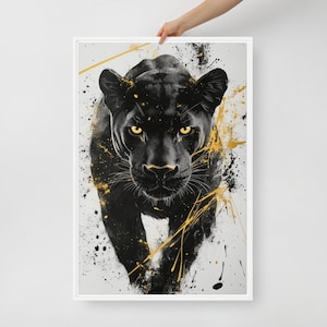 Black Panther Framed Canvas – Abstract Wall Art, Black and Gold Panther Painting, Large Digital Print, Modern Panther Wall Art