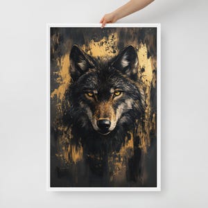 Wolf Framed Canvas Wall Art – Black and Gold Animal Print, Luxury Wildlife Decor, Abstract Wall Art, Modern Gold Accent for Home