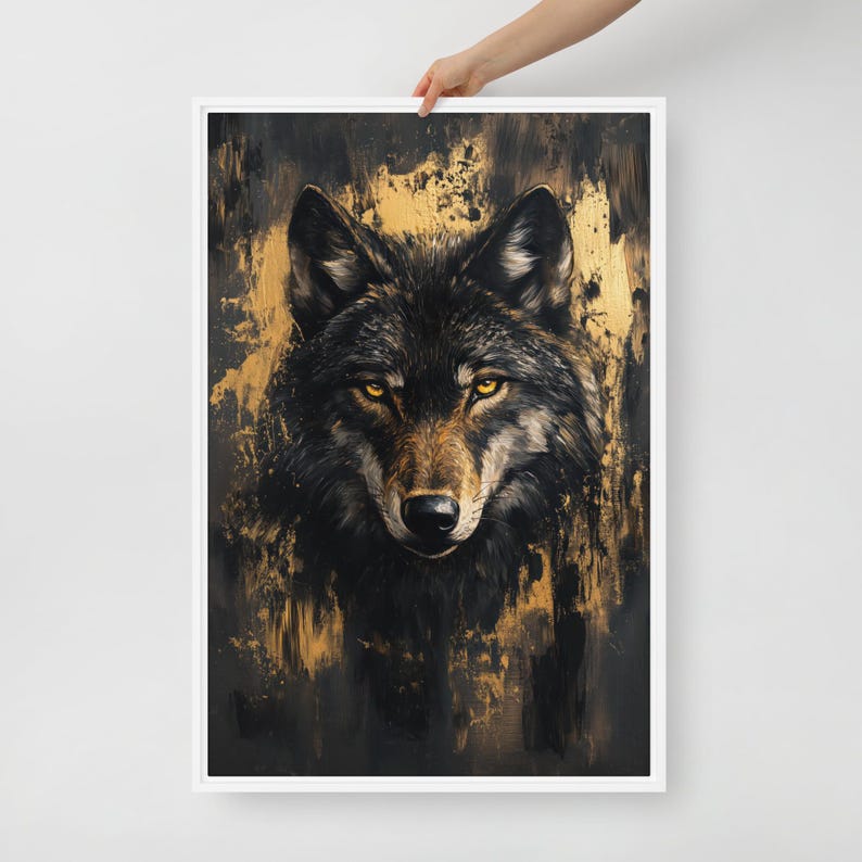 Wolf Framed Canvas Wall Art – Black and Gold Animal Print, Luxury Wildlife Decor, Abstract Wall Art, Modern Gold Accent for Home