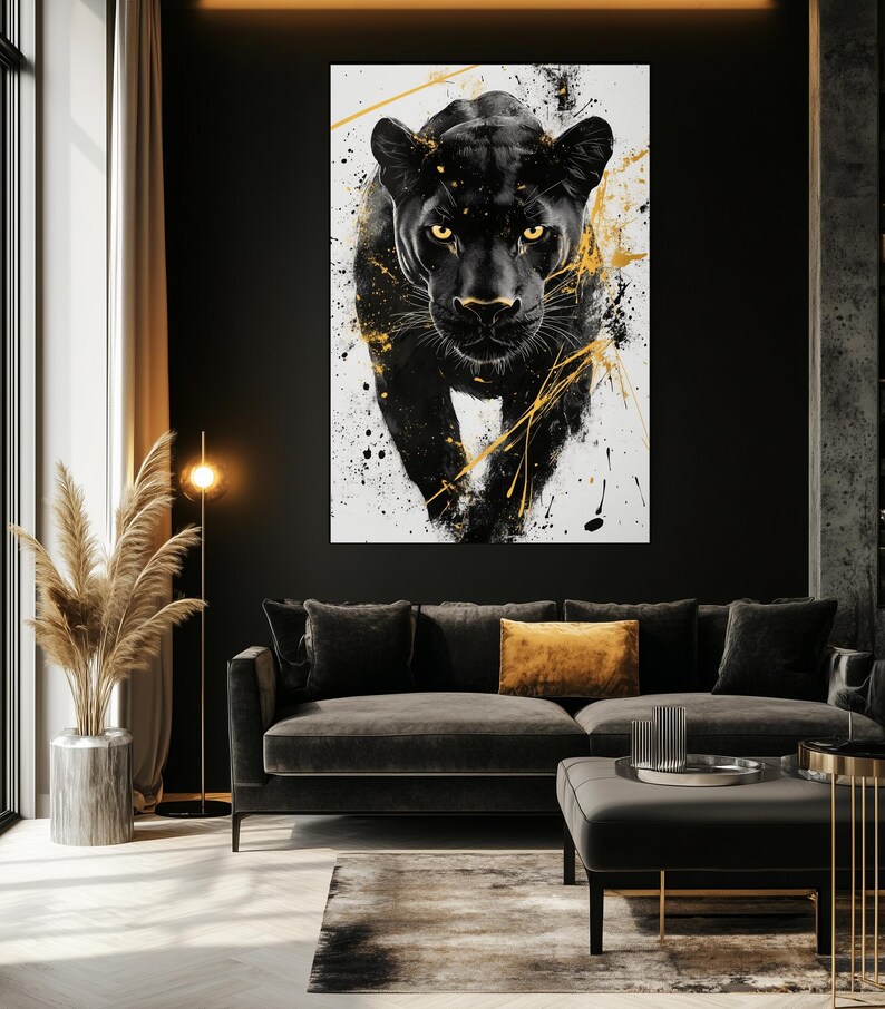 Black Panther Digital Print – Black and Gold Abstract Wall Art, Panther Poster, Modern Home Decor, Wildlife Art, Printable Jungle Artwork