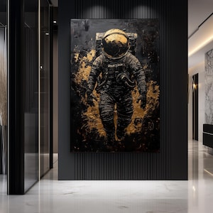 Astronaut Abstract Art Digital Print – Black and Gold Space Wall Art, Astronaut Painting, Modern Space Decor, Printable Astronaut Art
