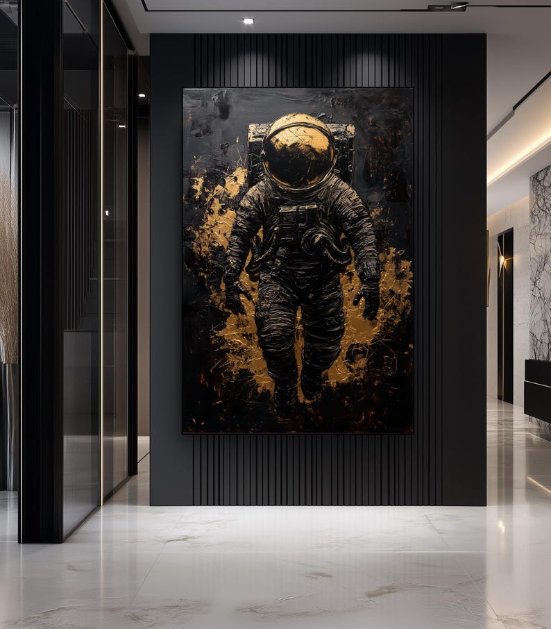 Astronaut Abstract Art Digital Print – Black and Gold Space Wall Art, Astronaut Painting, Modern Space Decor, Printable Astronaut Art