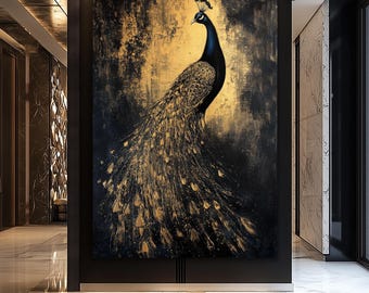 Gold and Black Peacock Art Print | Elegant Home Decor (Digital Download)