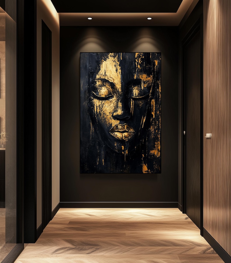 Female Face Framed Canvas Wall Art, Black and Gold Art, Black and Gold Wall Art, Luxury Home Decor, Abstract Wall Art, Gold Wall Prints