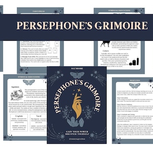 Op de afbeelding: Een digitale download in blauw en goud voor Persephone's Grimoire, een gids om kracht te winnen en jezelf te ontdekken. De omslag toont een hand die een kristal vasthoudt met een ster erboven. De tekst "Persephone's Grimoire" staat in gouden letters op een blauwe achtergrond.