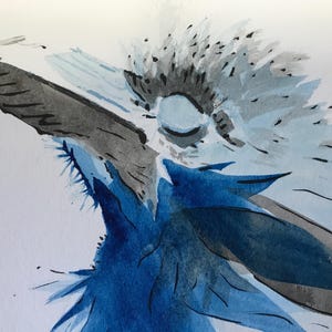 Blue Raven Watercolor Ink Painting Original Handmade 8 x 11 Black White Feathers Bird Crow Animal Eye Cool Artwork