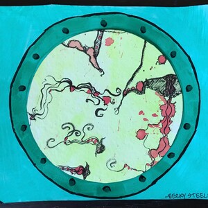 Jellyfish Green Porthole Watercolor Ink Painting Original Handmade 5 x 6 Pink Black Nautical Ocean Fish Window Cool Artwork