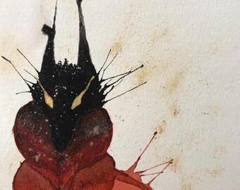 May include: Abstract watercolor painting of a black creature with red and gold accents. The creature has a heart-shaped body and a spiky head.