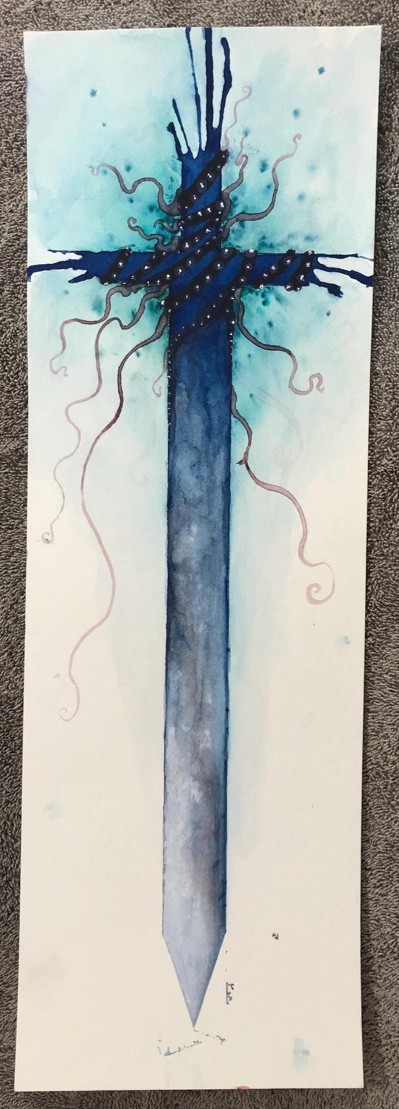 Dark Tentacle Fantasy Sword Watercolor Ink Painting Original Handmade 6 ...