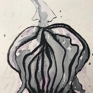 Giant Purple Squid Watercolor Ink Painting Original Handmade 6 x 18 White Black Fantasy Sea Creature Tentacles Scary Cool Artwork