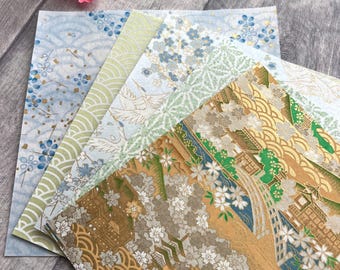 Kyoto Travellers - Blue & yellow 15 x 15cm Paper packs, Japanese Yuzen Papers traditional designs, Pretty scrapbooking journalling paper