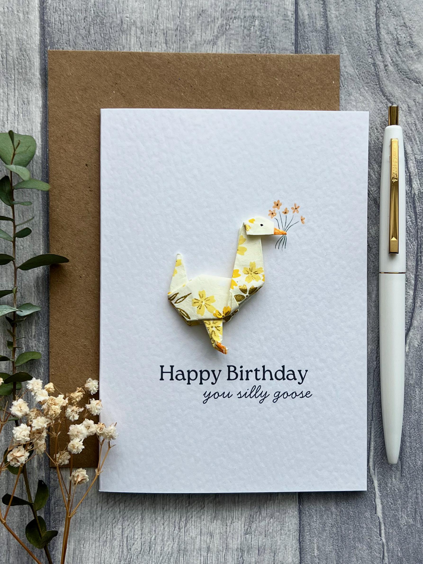 Floral Silly Goose Happy Birthday Origami Card - Hand Folded Goose ...