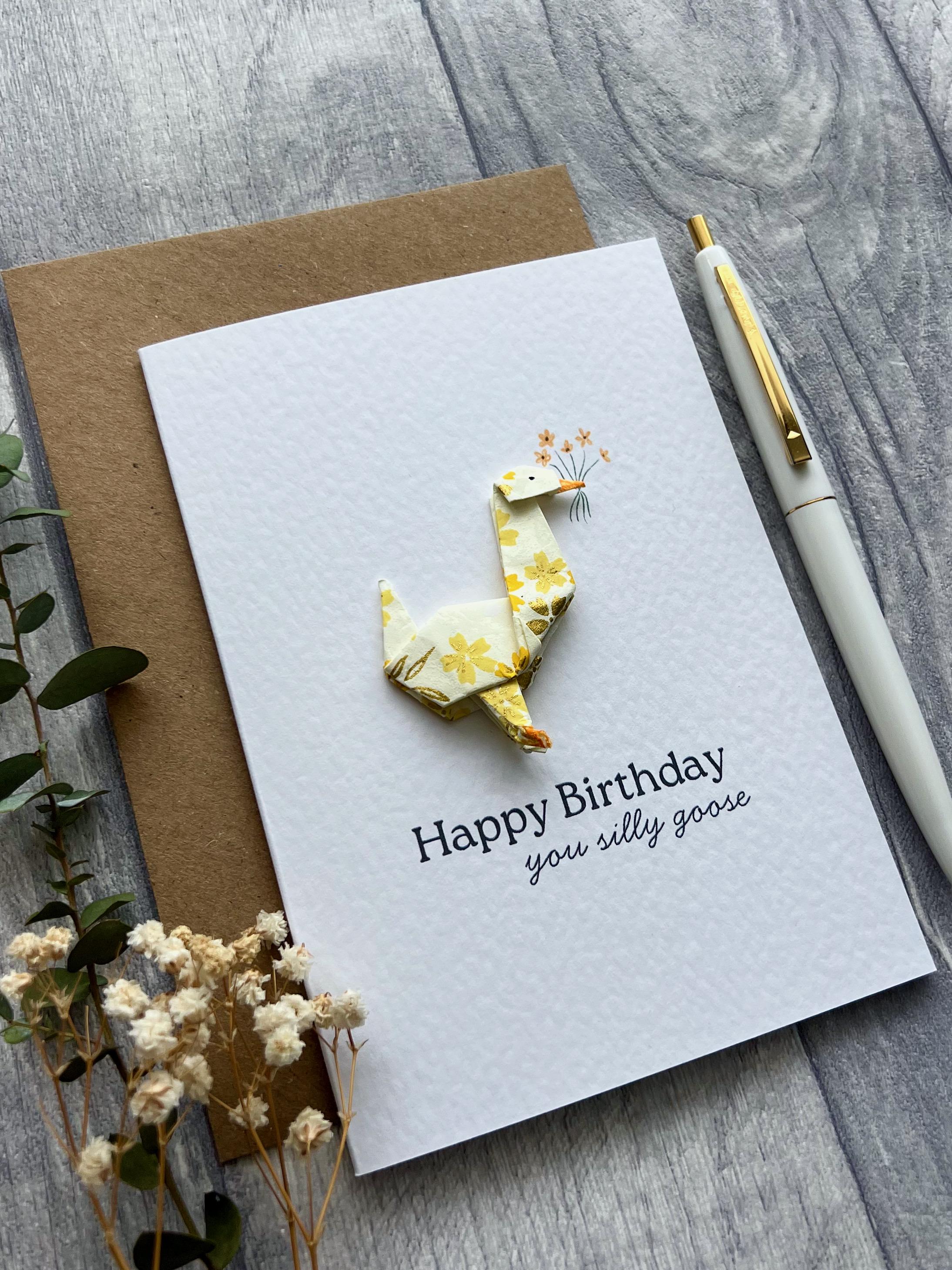 Floral Silly Goose Happy Birthday Origami Card - Hand Folded Goose ...