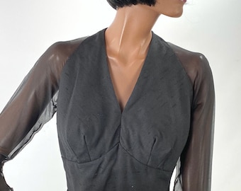 50s 60s Wiggle Dress LBD Halter-Style Sheer Sleeves VFG