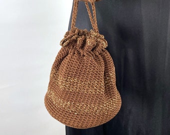 40s 50s Crocheted Corde Drawstring Bucket Bag Brown & Gold VFG