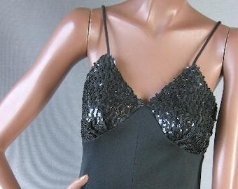 60s 70s Evening Dress Vintage Maxi Sequin Bodice Bling Black Bombshell 30s Inspired Slip VFG