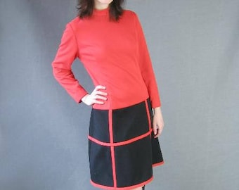 70s Vintage MOD Dress Red Black Color Block Medium Large Fred Rothechild VFG