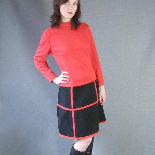 70s Vintage MOD Dress Red Black Color Block Medium Large Fred Rothechild VFG