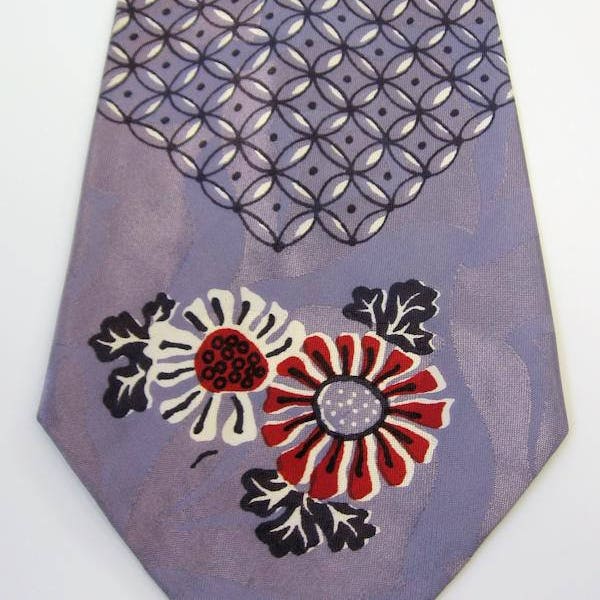 40s Vintage Lavender Neck Tie Wide Red White Flowers VFG