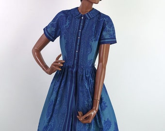 50s 60s Vintage Laiglon Day Dress PAISLEY Border Print Full Skirt Small VFG