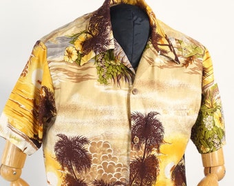 60s Vintage Cotton Hawaiian Shirt Yellows & Browns Beach Ocean Print Medium Andrade VFG