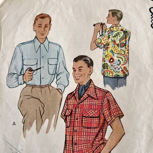 50s Mens Shirt Pattern Classic Camp Vintage Rockabilly Shirt McCall Sewing 8335 Small VFG