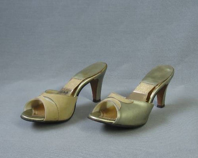 60s Springolator Heels Vintage Mules Suede Gold 6.5 | Etsy