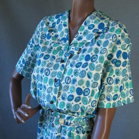 50s Day to Party Dress Vintage Print Turquoise Ne… - image 1