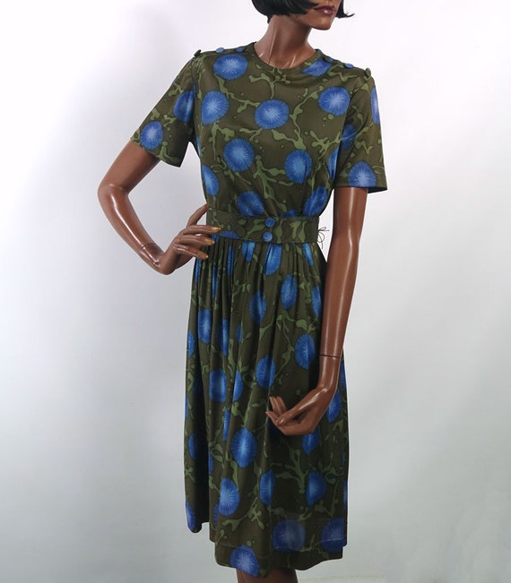 50s 60s Vintage Day Dress Full Skirt Blue Green P… - image 2