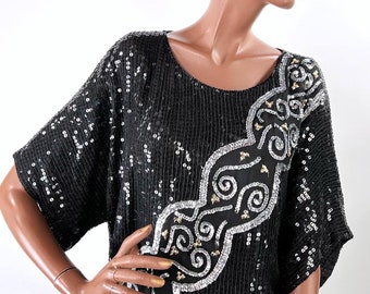 Vintage 90s Party Top Black & Silver Sequin Covered Relaxed Blouse XXXL Holiday VFG