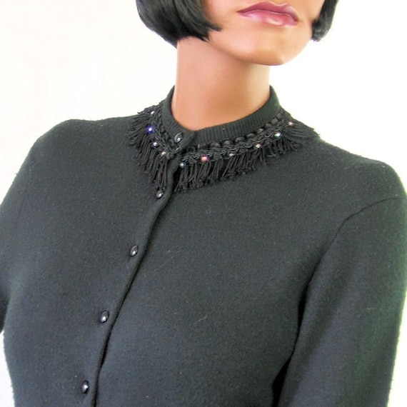 50s 60s Vintage Cardigan Sweater Black Rhinestone… - image 3