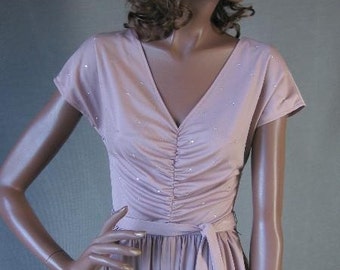 Young Edwardian 70s Vintage Pink Rhinestone Trim Dress Extra Small VFG